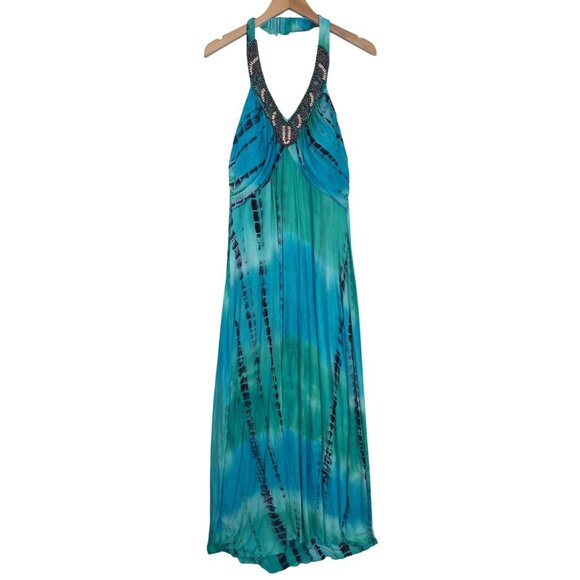 Spenser Jeremy Maxi Dress Womens 16W Tie Dye Halter Beaded Casual Boho Vacation‎ - Picture 1 of 10